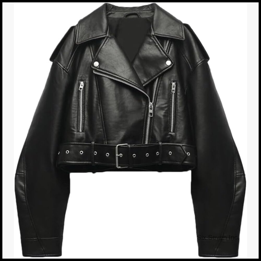 Faux Leather Cropped Jacket with Belt, Lapel Zipper Biker Coat